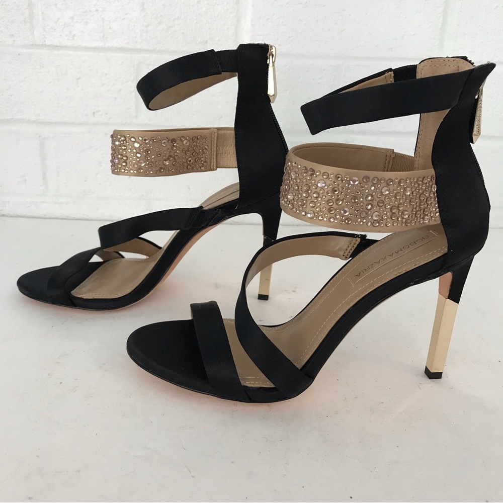 BCBG Maxazria Women Black Patent Leather Slingback Heels Gold Rhinestone Sz 8.5